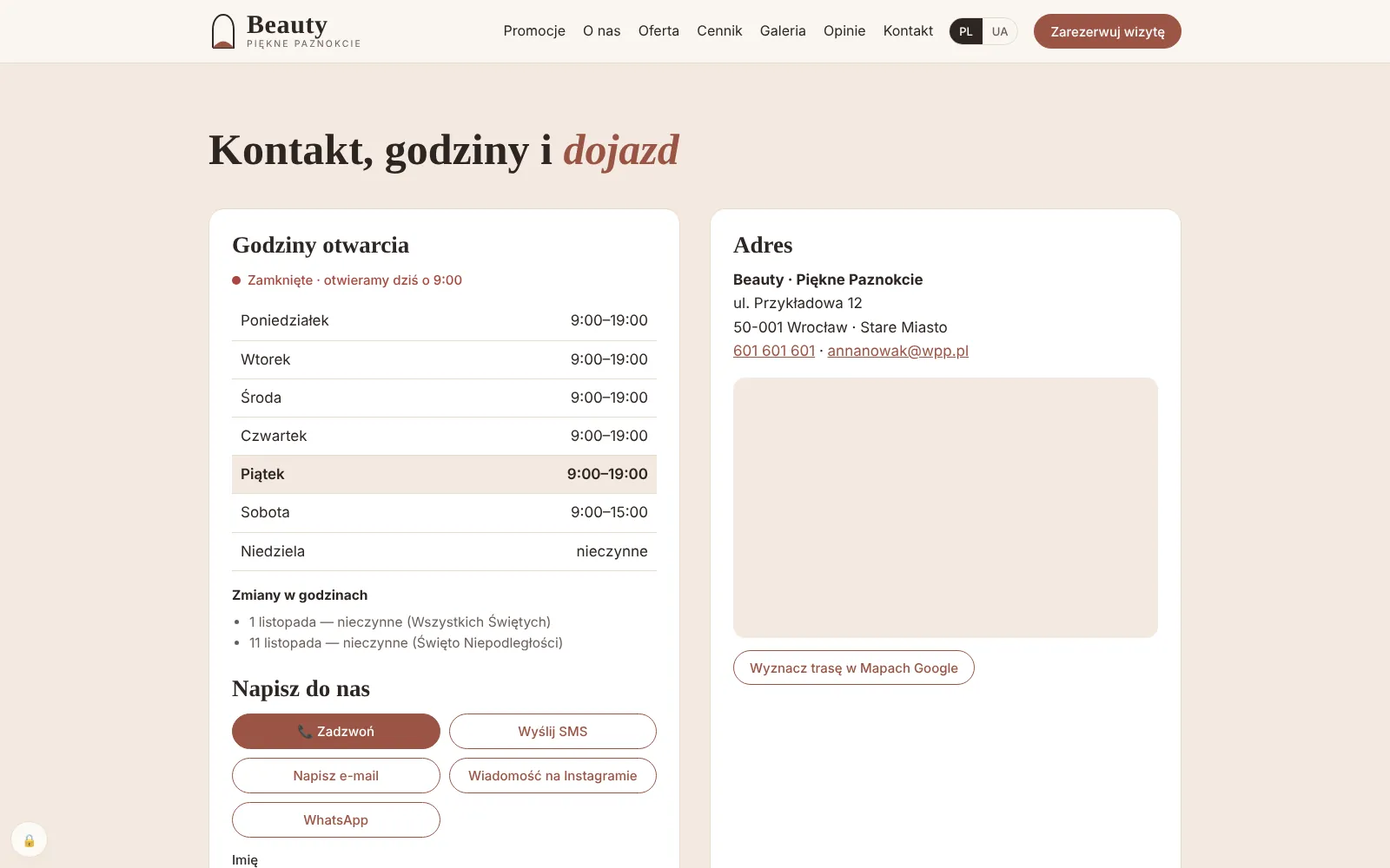 Sekcja Kontakt: tabela godzin otwarcia z wyróżnionym dzisiejszym dniem, status otwarcia na żywo, zmiany w godzinach w święta oraz adres z mapą