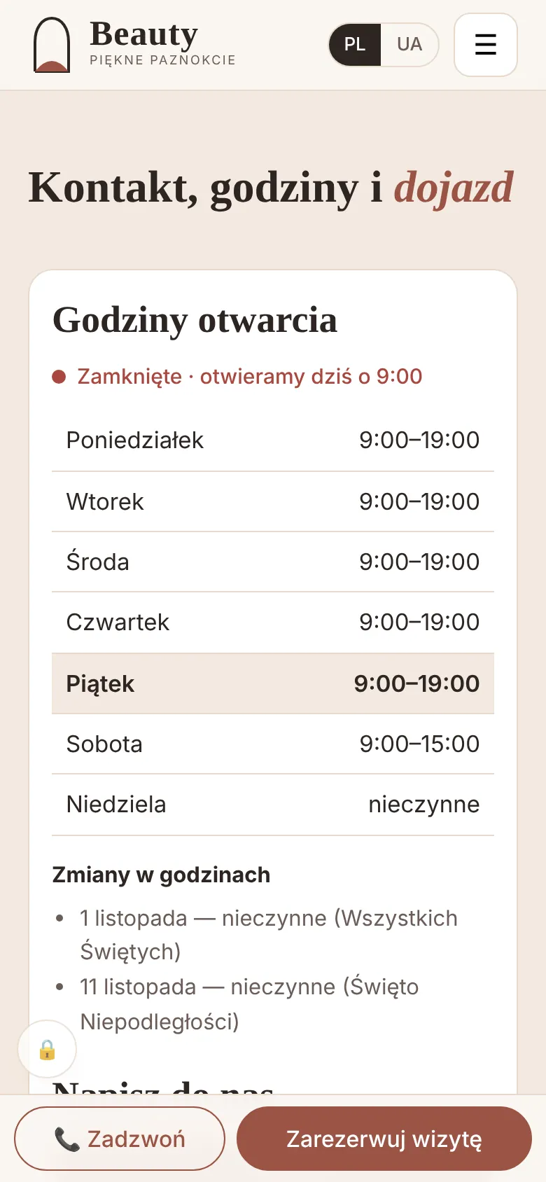 Telefon: godziny otwarcia ze statusem na żywo i wyróżnionym dzisiejszym dniem