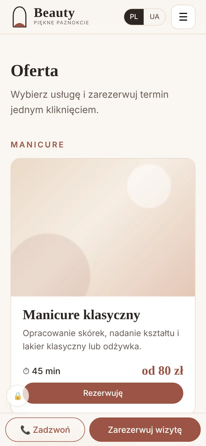Telefon: karta usługi w ofercie z ceną i przyciskiem rezerwacji