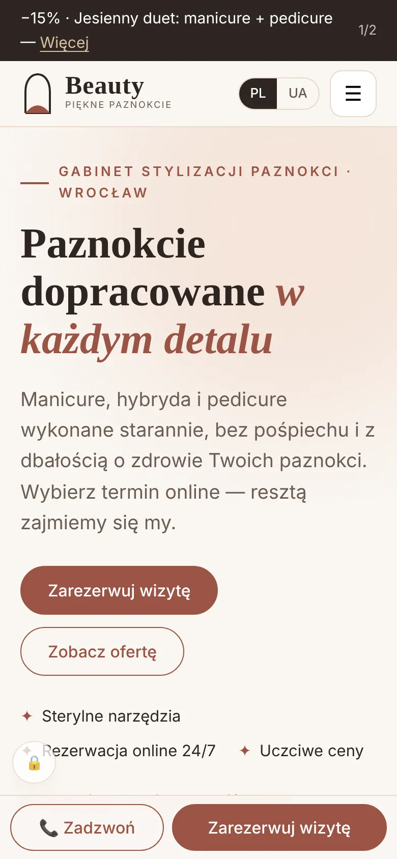 Strona główna na telefonie: nagłówek, tekst wprowadzenia i dolny pasek z przyciskami „Zadzwoń” oraz „Zarezerwuj wizytę”