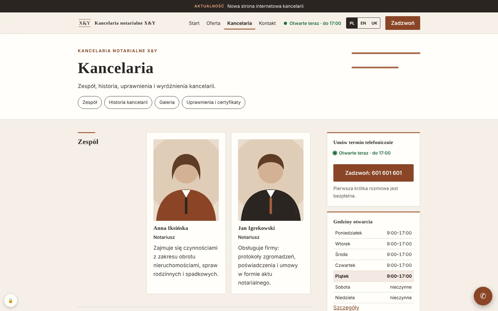 Podstrona Kancelaria: sekcja Zespół z dwiema kartami notariuszy z ilustrowanymi portretami oraz boczny panel kontaktu.