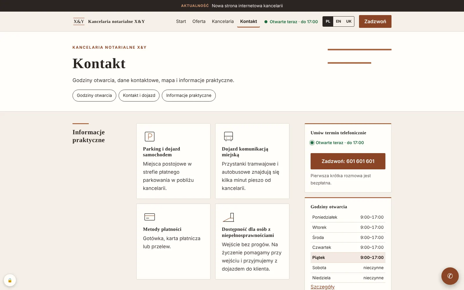 Podstrona Kontakt: status „Otwarte teraz”, tabela godzin otwarcia z wyróżnionym dzisiejszym dniem i panel boczny z adresem.
