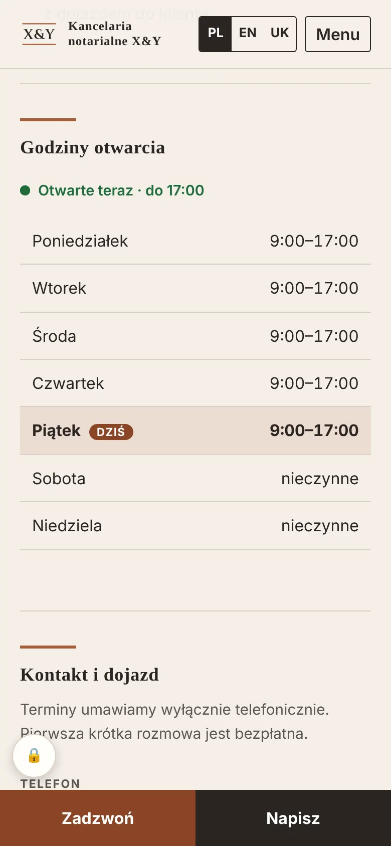 Godziny otwarcia na telefonie ze statusem na żywo i wyróżnionym dzisiejszym dniem.