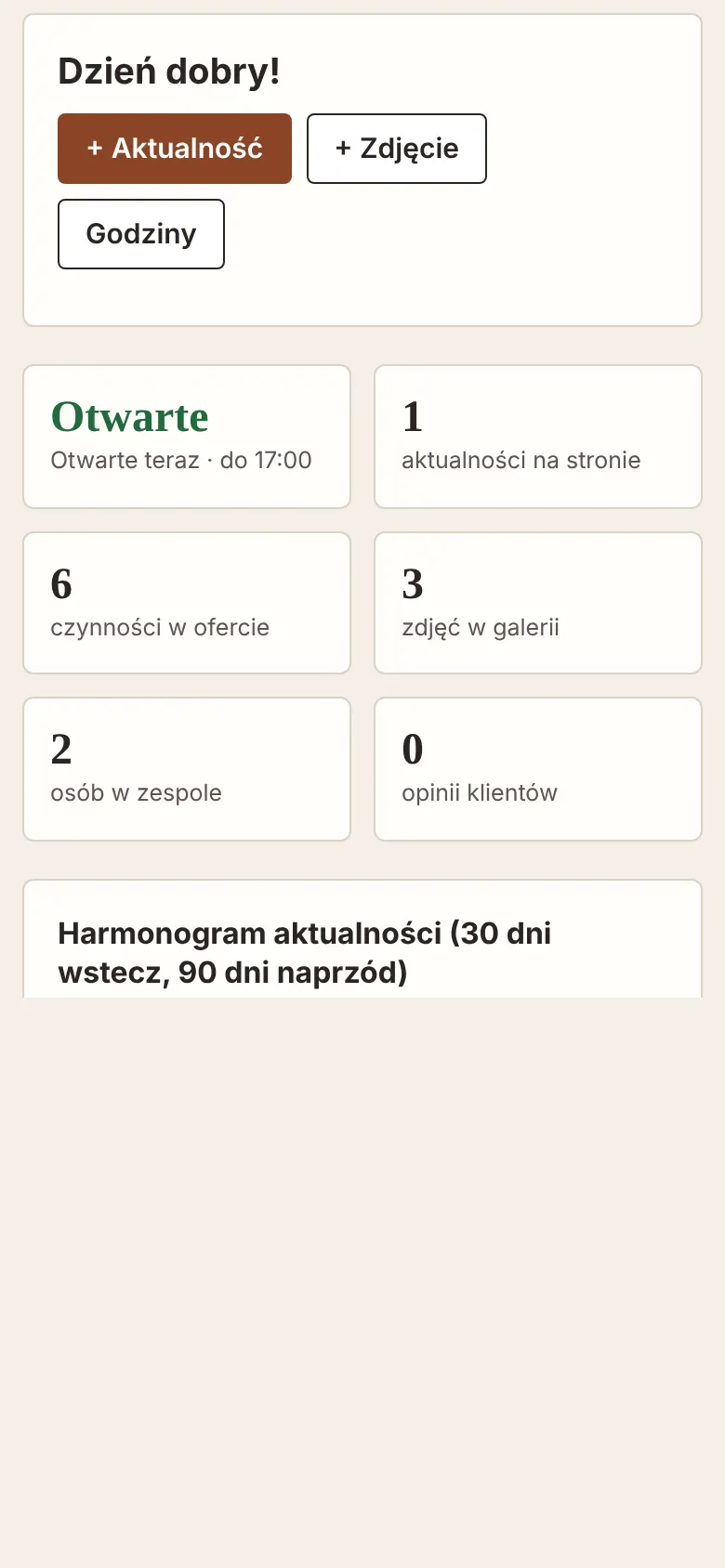 Panel administratora na telefonie: menu jako przewijany pasek zakładek i pulpit z kafelkami.