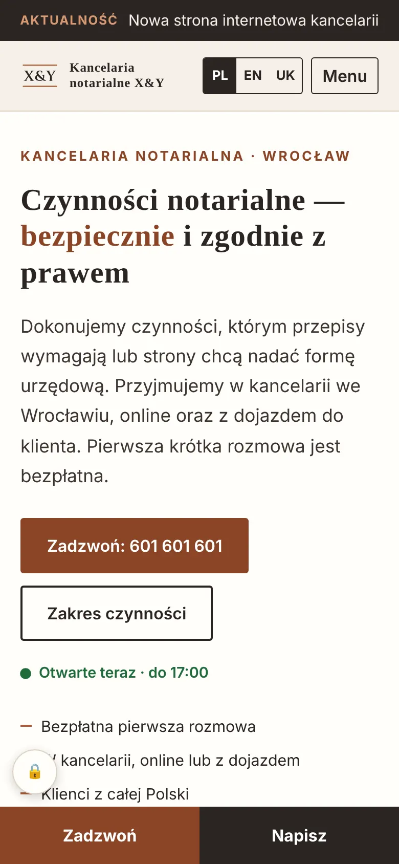Strona główna na telefonie: pasek aktualności, nagłówek, przycisk „Zadzwoń: 601 601 601” i dolny pasek z przyciskami Zadzwoń oraz Napisz.