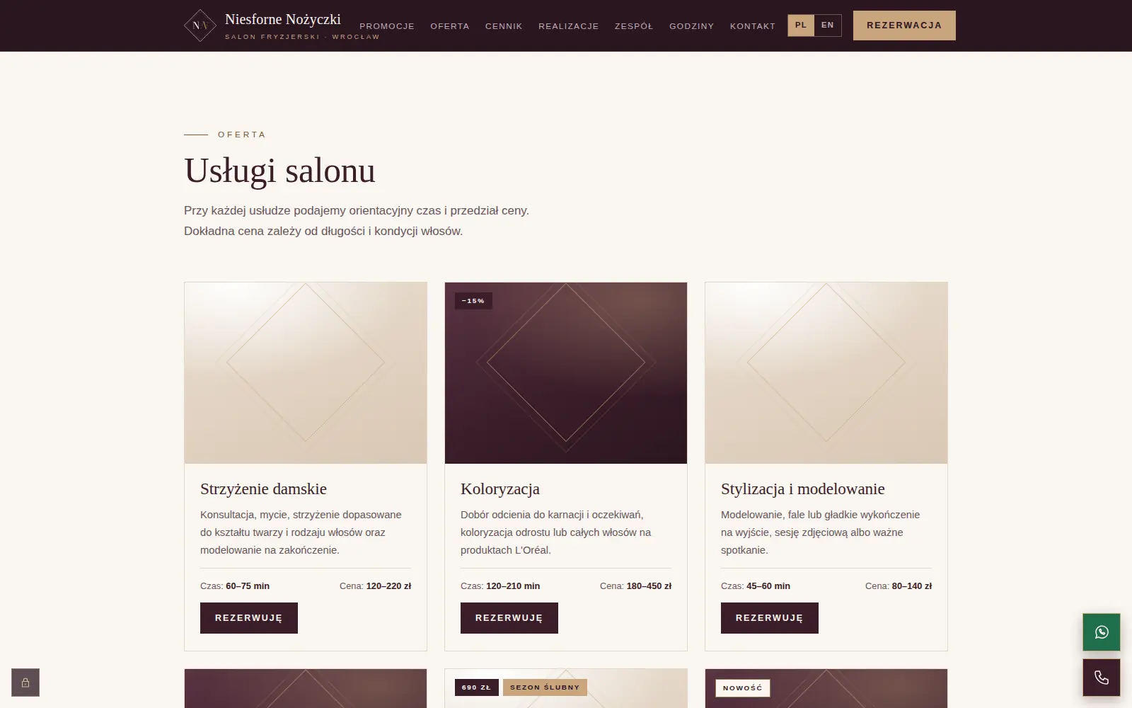 Sekcja Usługi salonu: karty Strzyżenie damskie, Koloryzacja z plakietką −15% oraz Stylizacja i modelowanie, każda z czasem, ceną i przyciskiem Rezerwuję.