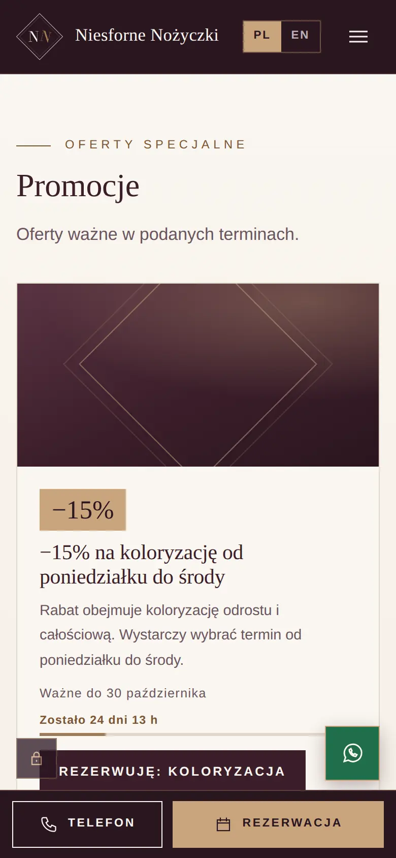 Telefon: karta promocji −15% na koloryzację z odliczaniem i przyciskiem rezerwacji.