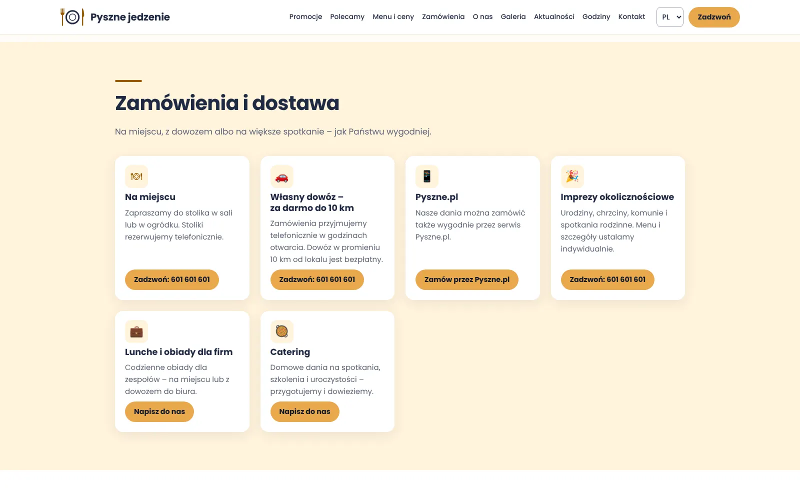 Sekcja „Zamówienia i dostawa”: sześć kart – na miejscu, własny dowóz za darmo do 10 km, Pyszne.pl, imprezy okolicznościowe, obiady dla firm i catering – każda z przyciskiem kontaktu.