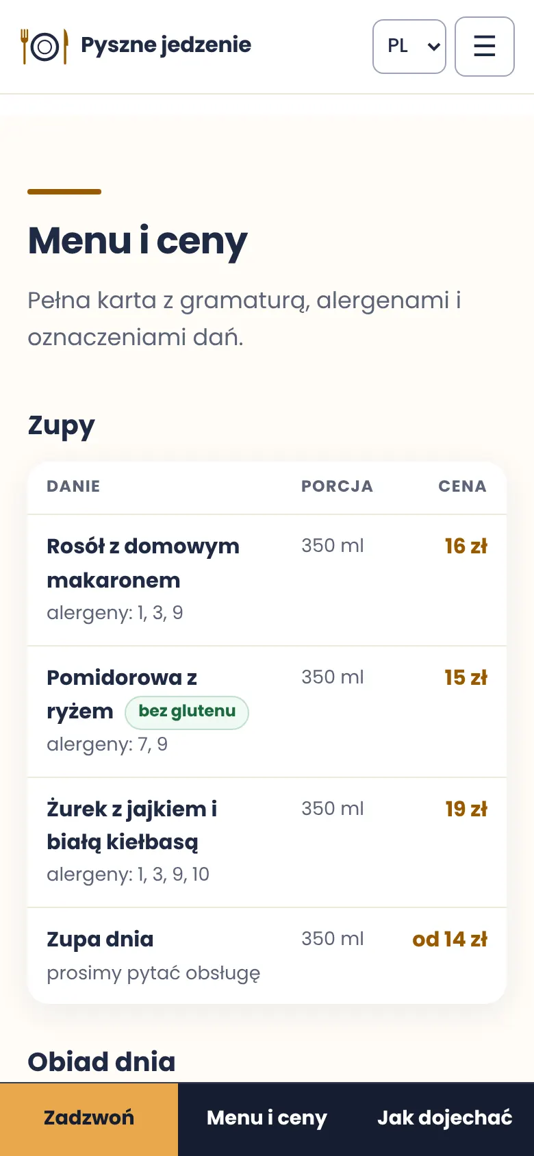 Telefon: tabela „Zupy” w sekcji „Menu i ceny” z porcją, alergenami i ceną.