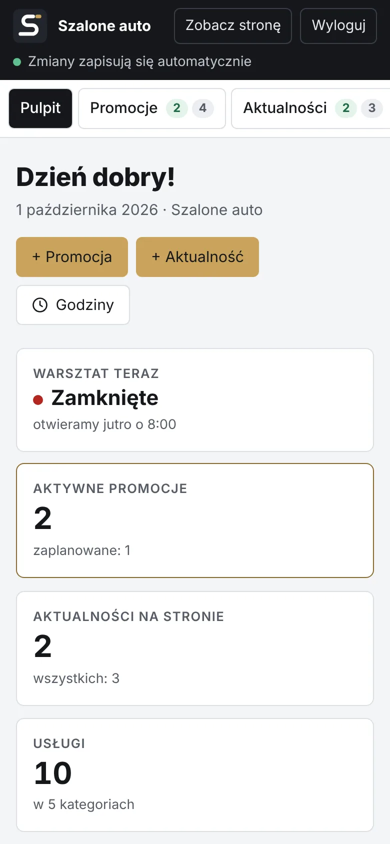 Telefon: pulpit panelu administratora z zakładkami