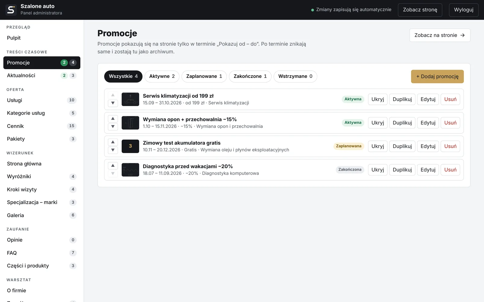 Lista promocji w panelu z filtrami statusu, plakietkami Aktywna, Zaplanowana, Zakończona i przyciskami Ukryj, Duplikuj, Edytuj, Usuń